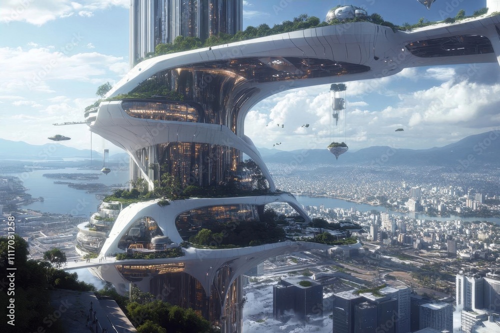 Futuristic cityscape featuring a sleek, elevated architectural design. Futuristic cityscape featuring a sleek, elevated architectural design.