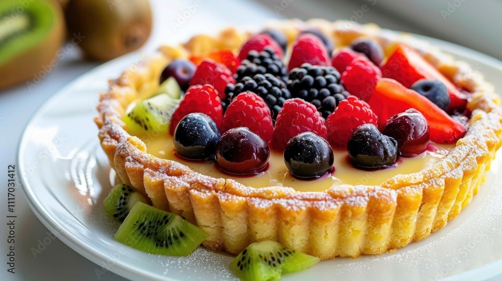 A delicious fruit tart topped with assorted berries and kiwi slices. A delicious fruit tart topped with assorted berries and kiwi slices.