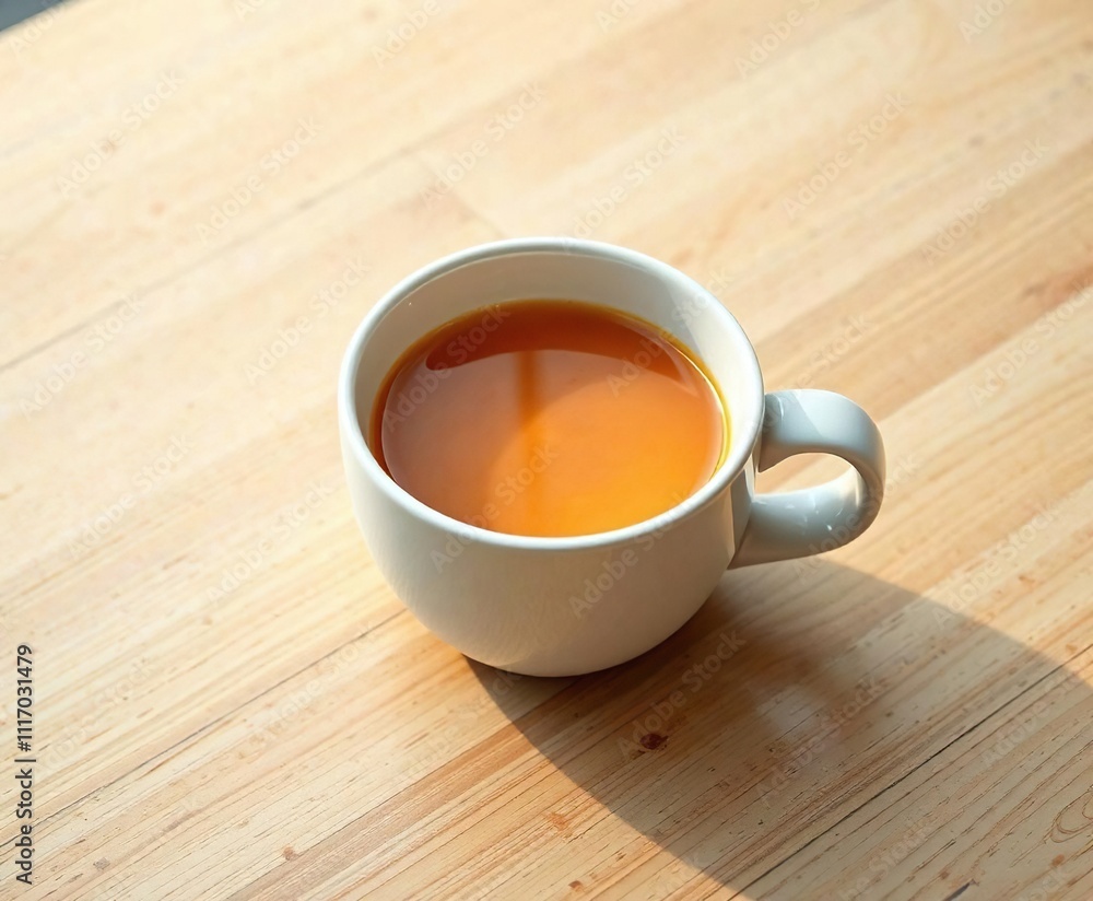 Obraz premium Warm liquid in a white ceramic cup on a light wooden surface , light wood table, morning scene