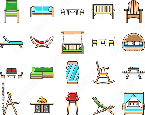 outdoor furniture patio garden icons set vector. terrace table, house home, summer balcony, luxury view, sofa, wooden outside, deck outdoor furniture patio garden color line illustrations