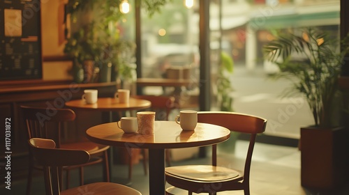 Empty Coffee Table with Three White Mugs in a Cafe