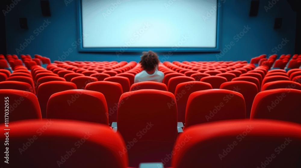 Obraz premium Abandoned Cinema Interior with Dim Lighting Empty Red Seating Rows