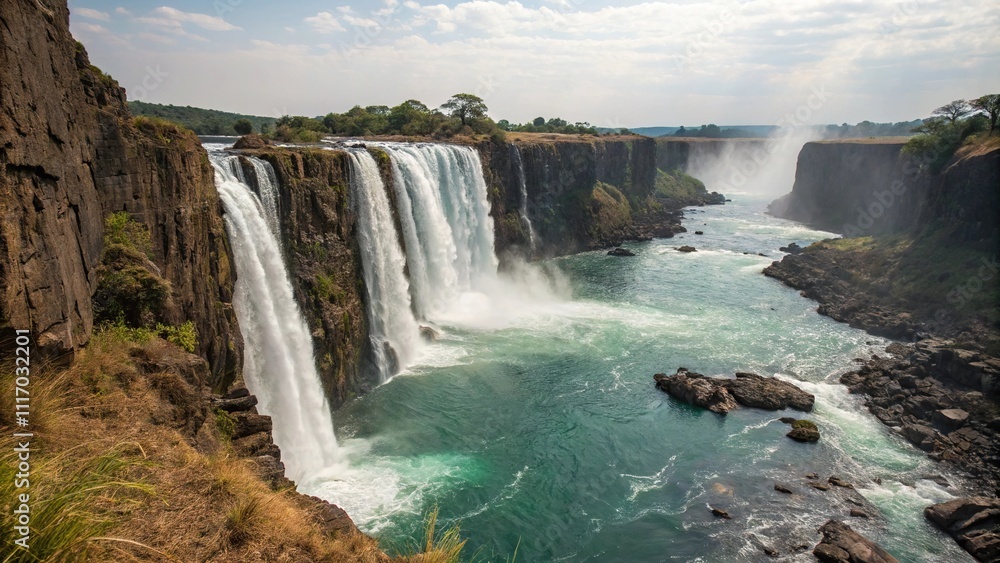 Water pours over the edge of a steep cliff forming a crystal clear pool at the base, natural, pool, clear, aquatic Water pours over the edge of a steep cliff forming a crystal clear pool at the base, natural, pool, clear, aquatic