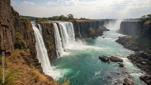 Water pours over the edge of a steep cliff forming a crystal clear pool at the base, natural, pool, clear, aquatic