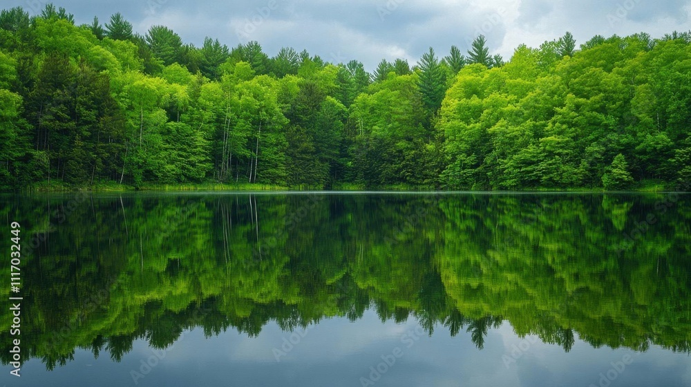 Serene lake reflecting lush green trees under a cloudy sky. Serene lake reflecting lush green trees under a cloudy sky.