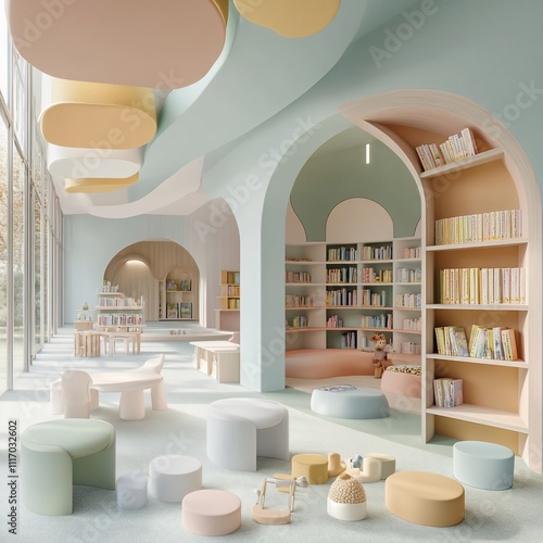 Colorful Kindergarten Library Moodboard with Pastel Rainbow Palette and Furniture