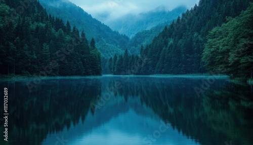 Serene mountain landscape reflecting in a calm lake at dusk.