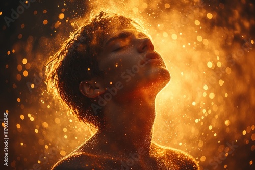 Silhouette of a Man in Prayer Illuminated by Golden Rays of Light photo