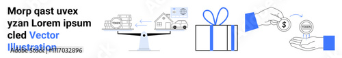Two hands exchanging currency, a scale with cargo trucks and a house, and a wrapped gift. Ideal for finance, business deals, real estate, transactions, trade gifting e-commerce. Landing page