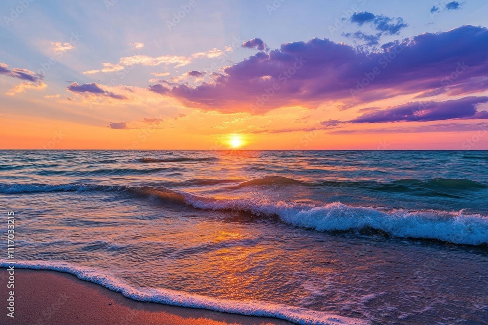 A serene sunset over the ocean, with vibrant colors and gentle waves. A serene sunset over the ocean, with vibrant colors and gentle waves.