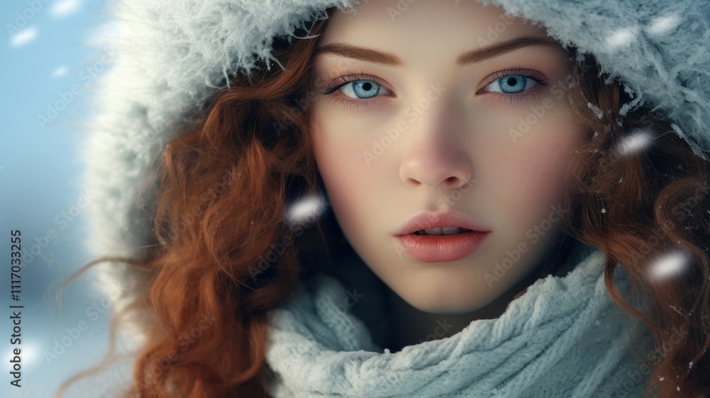 Stunning Red-Haired Woman in Frosty Landscape Stunning Red-Haired Woman in Frosty Landscape