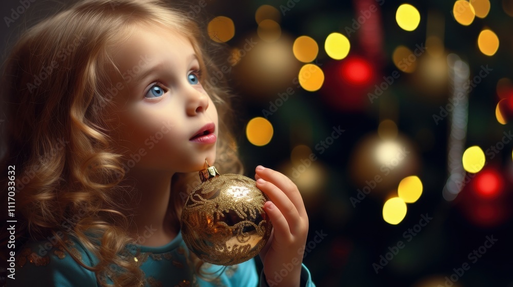 Naklejka premium Little Girl Examines Enchanted Bell Under Sparkling Christmas Tree Decorations