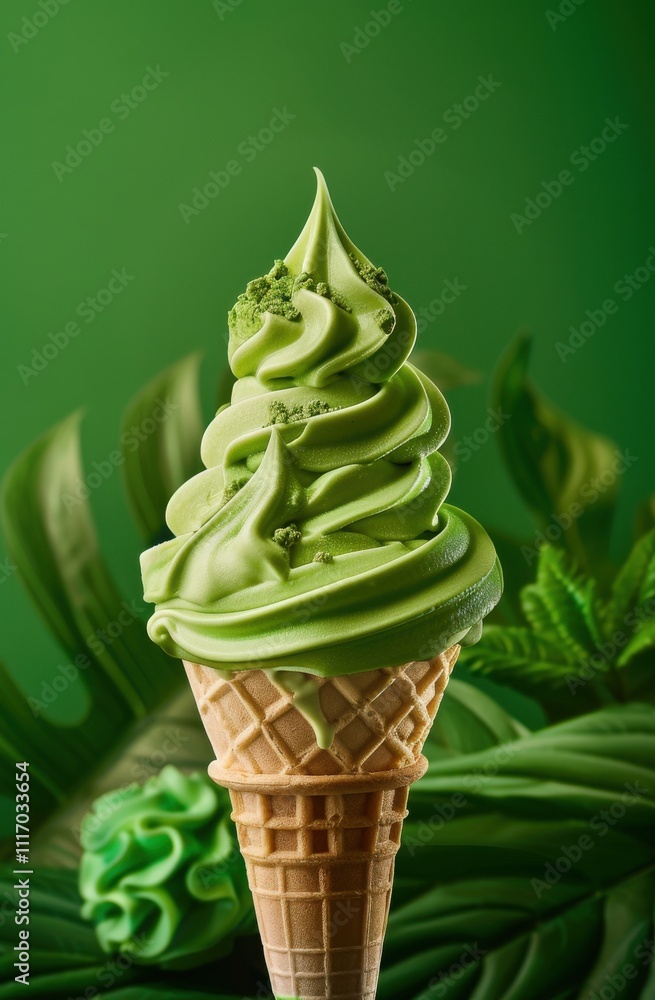 Tropical Mint Ice Cream Cone Photography - Lush Green Dessert Scene. Tropical Mint Ice Cream Cone Photography - Lush Green Dessert Scene.
