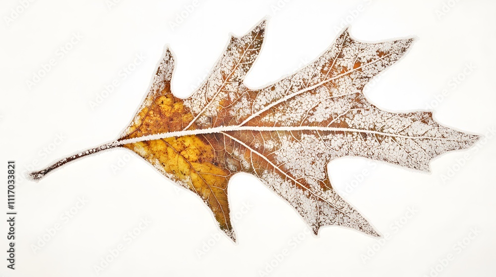 Fototapeta premium large leaf covered in morning frost, blended with an image of its crystalline details, highlighting natural beauty. | [Large leaves]:[Details] 