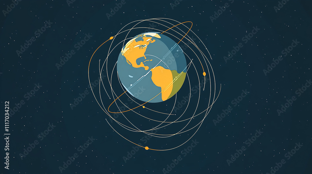Fototapeta premium Earth axis diagram illustration showing the tilt of the Earth's rotational axis relative to its orbital plane, explaining the cause of seasonal changes and the distribution of sunlight.