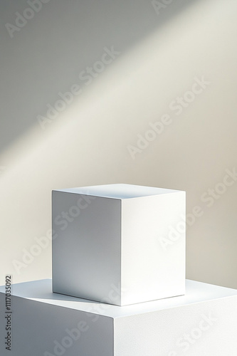 Minimalist White Cube on Clean Surface with Soft Neutral Lighting for Modern Design photo