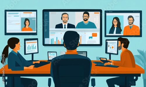 A virtual meeting with multiple screens displaying participants and data.