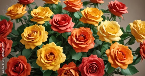 A bouquet of colorful paper roses in various shades of yellow, orange, and red, , floral arrangements