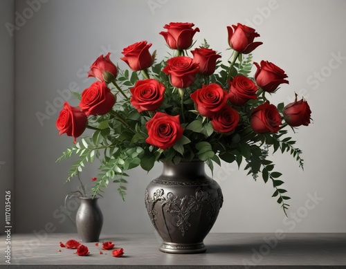 Wallpaper Mural A bouquet of red roses with a decorative vase and some greenery , elegant centerpiece, luxury decor Torontodigital.ca