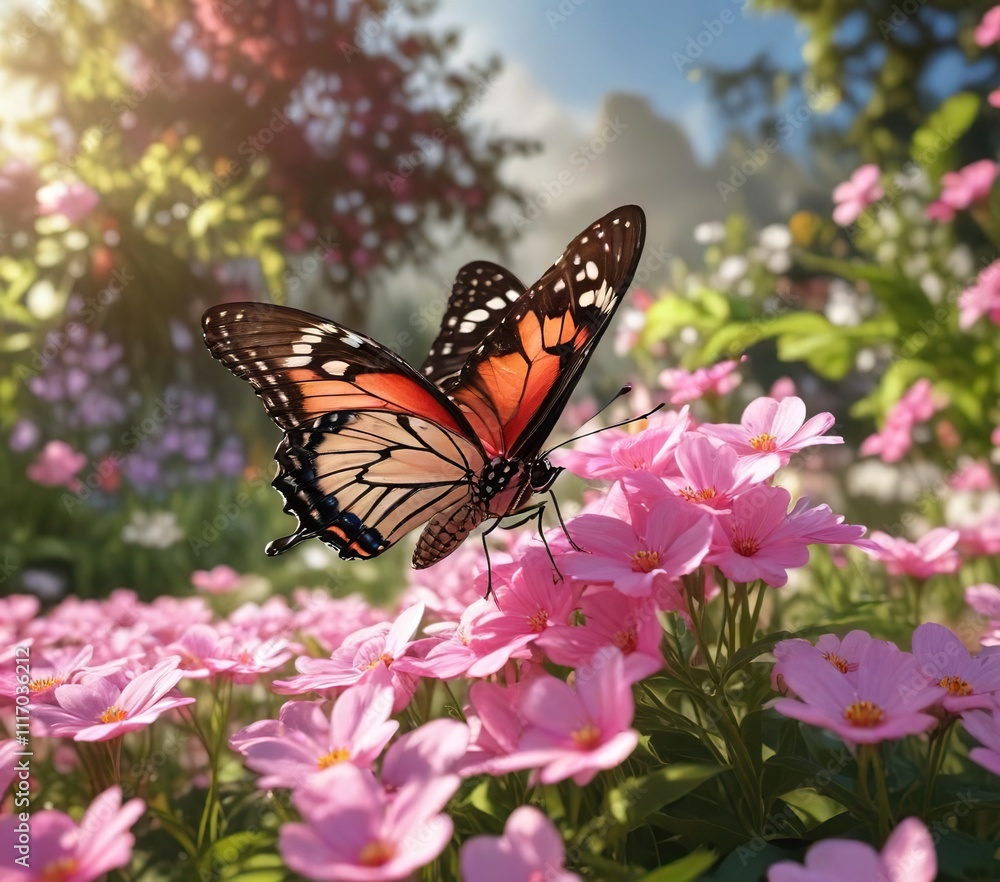 Fototapeta premium A colorful butterfly sipping nectar from pink flower petals in a sun-drenched garden, sun, bloom