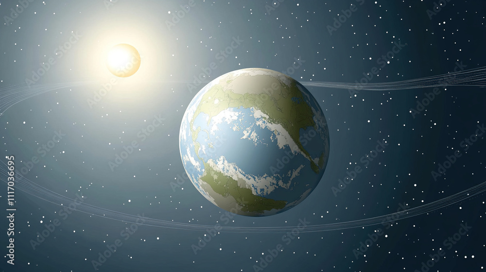 Fototapeta premium Earth axis diagram illustration showing the tilt of the Earth's rotational axis relative to its orbital plane, explaining the cause of seasonal changes and the distribution of sunlight.