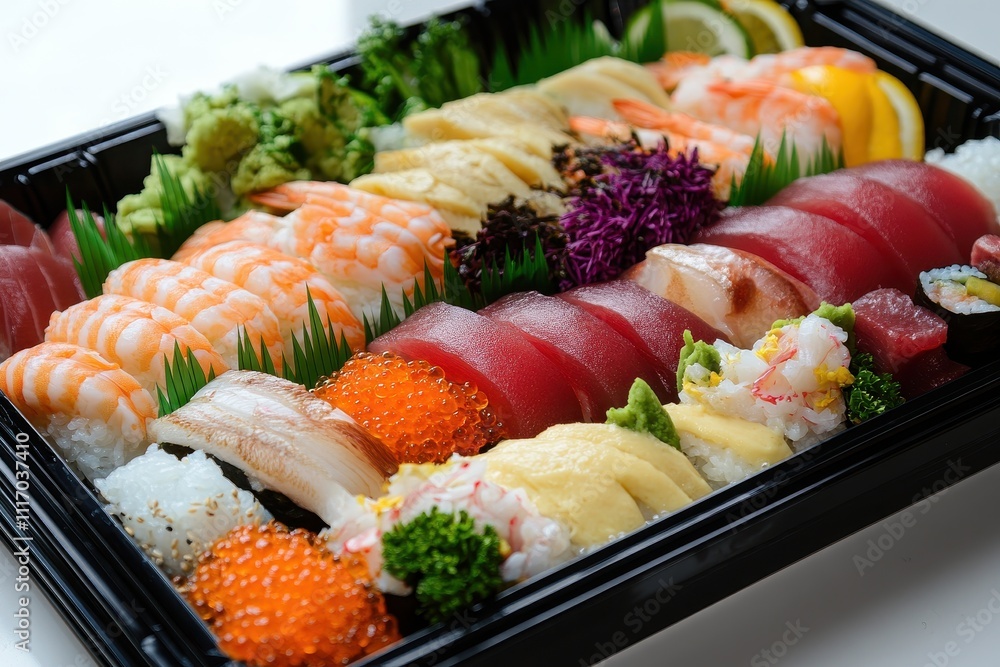 Assorted sushi tray with nigiri and maki rolls Assorted sushi tray with nigiri and maki rolls