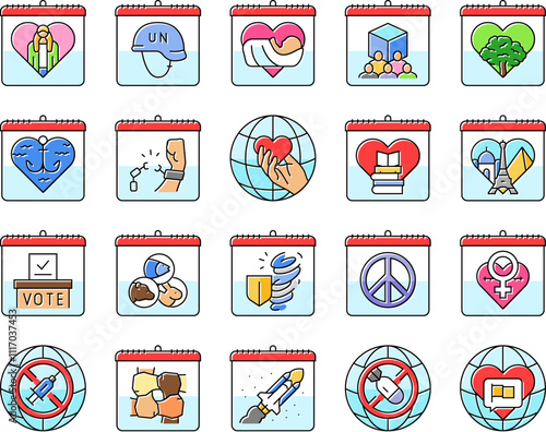 international holiday day icons set vector. girl child, peacekeepers, midwife, cooperatives, forests, seafarer, victims slavery international holiday day color line illustrations