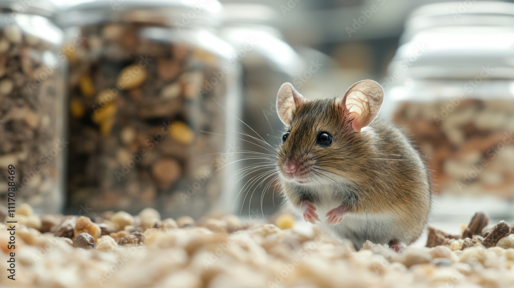 Curious Mouse Near Food Jars