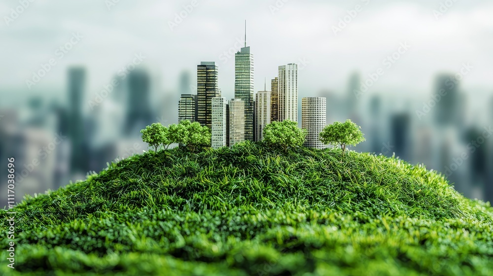 Fototapeta premium Sustainable urban development green cityscape on lush hill modern architecture eco-friendly environment aerial view urban planning