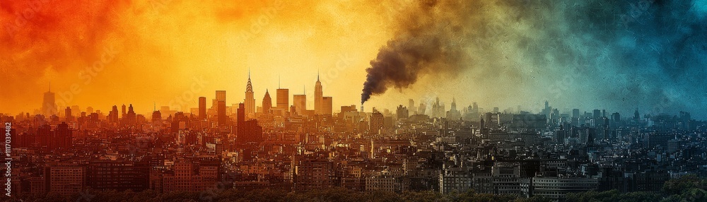 Obraz premium Urban catastrophe unfolds a dramatic skyline transformation in new york digital art dystopian atmosphere wide-angle view