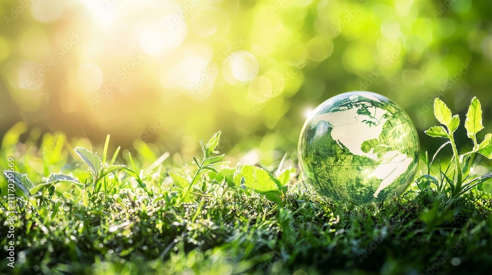 Nature's reflection crystal clear globe on lush green grass outdoor serenity eco-consciousness illuminated by soft sunshine Nature's reflection crystal clear globe on lush green grass outdoor serenity eco-consciousness illuminated by soft sunshine