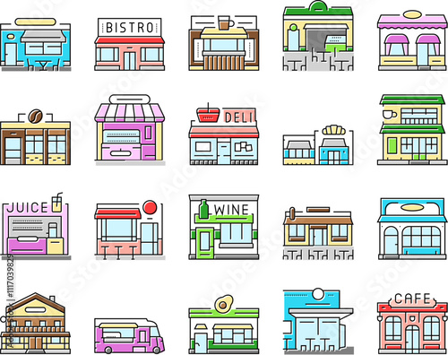 street cafe food burger festival icons set vector. cart fast, stall retro, korean fair, night market, truck cake, sauce soda street cafe food burger festival color line illustrations