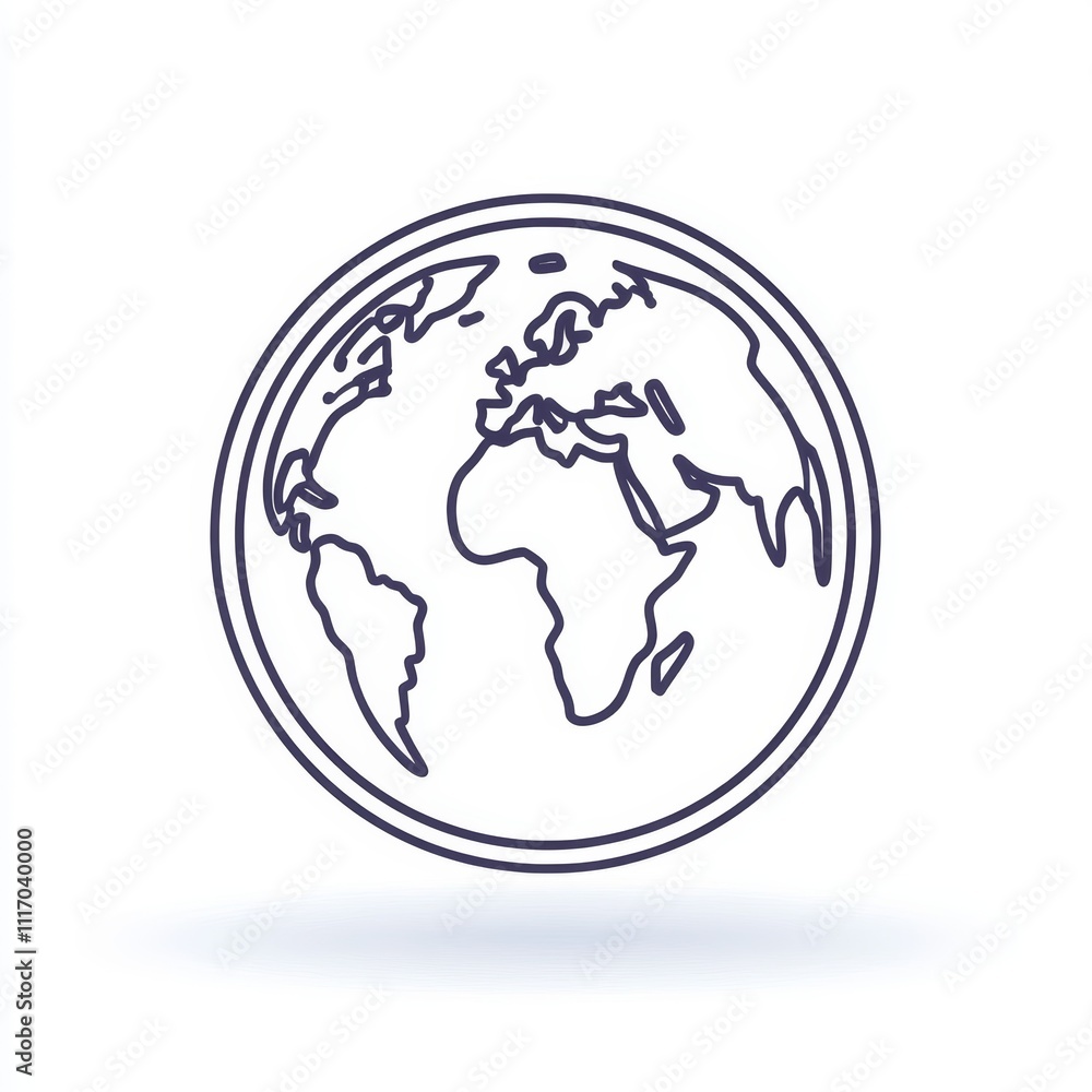 Minimalist line drawing of Earth showing Africa and Europe on white background with subtle shadow Minimalist line drawing of Earth showing Africa and Europe on white background with subtle shadow