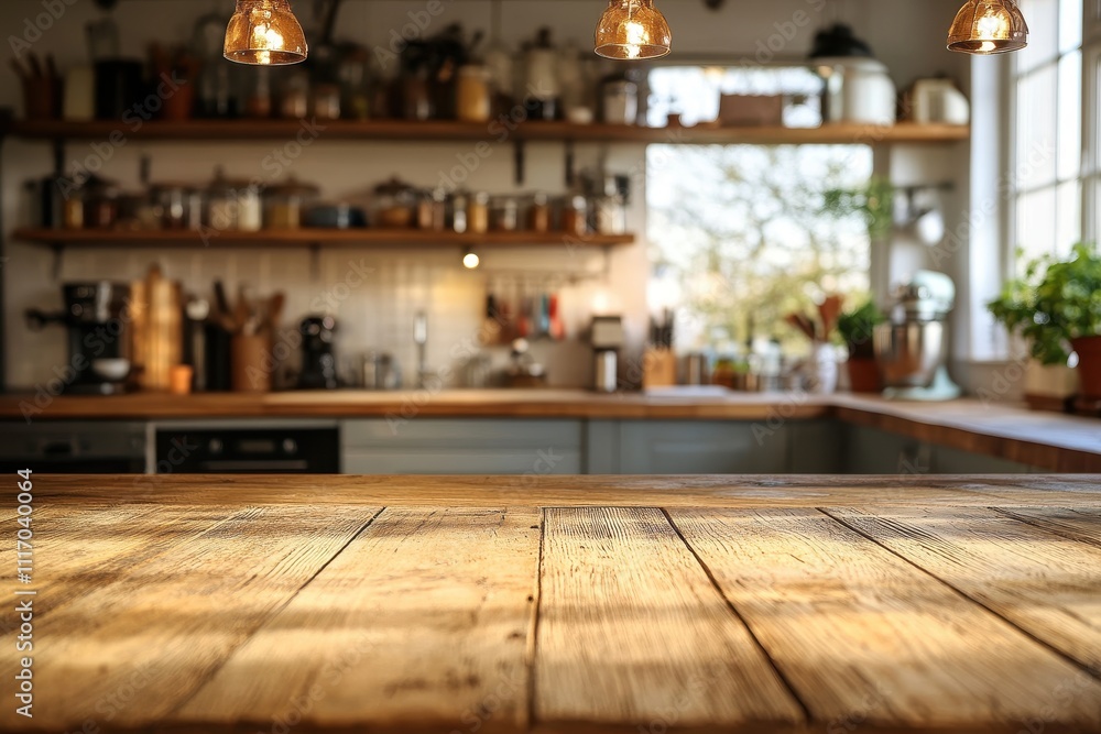 A cozy, rustic kitchen table with a blurred view of a well-stocked kitchen in the background A cozy, rustic kitchen table with a blurred view of a well-stocked kitchen in the background