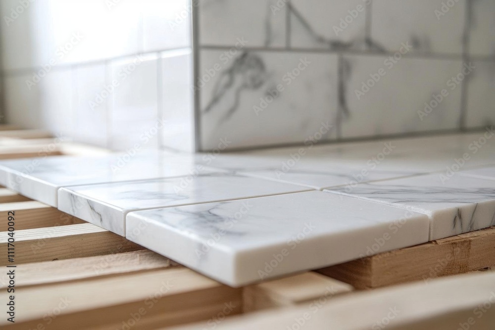 Close-up of marble tiles being installed on a wooden framework. Close-up of marble tiles being installed on a wooden framework.