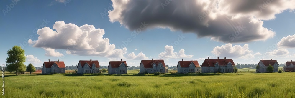 A sunny day in a rural field with a few houses and a light cloud cover, fields, farm A sunny day in a rural field with a few houses and a light cloud cover, fields, farm