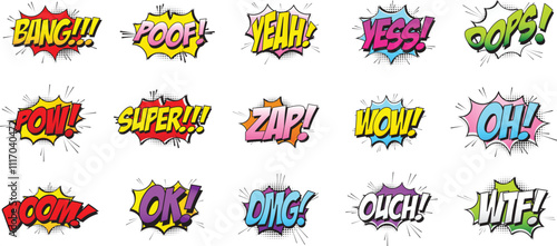 Set of Comic speech bubbles halftone dot background. Comic effect shape with pop art style. Comic surprise, attention and inspiration effect. Vector illustration isolated on white background