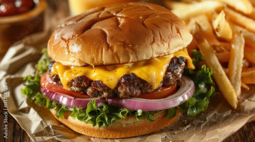 A delicious cheeseburger with lettuce, tomato, and onion, served with fries. A delicious cheeseburger with lettuce, tomato, and onion, served with fries.