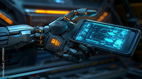 Wallpaper Mural Robotic hand using futuristic smartphone with glowing interface. Torontodigital.ca