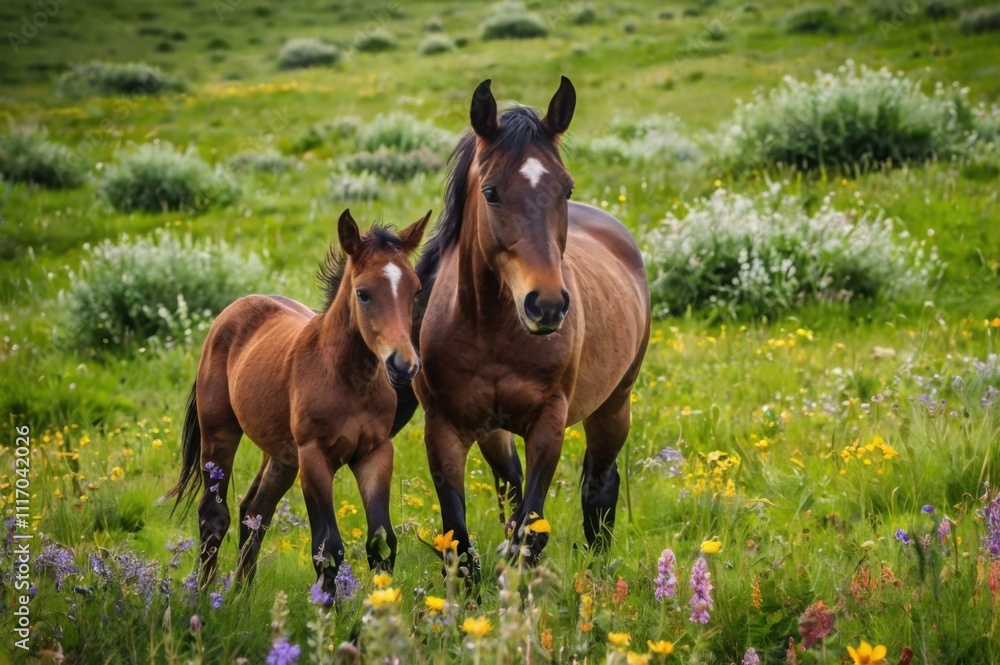 A horse and her foal running together in a vibrant green meadow dotted with wildflowers. A horse and her foal running together in a vibrant green meadow dotted with wildflowers.