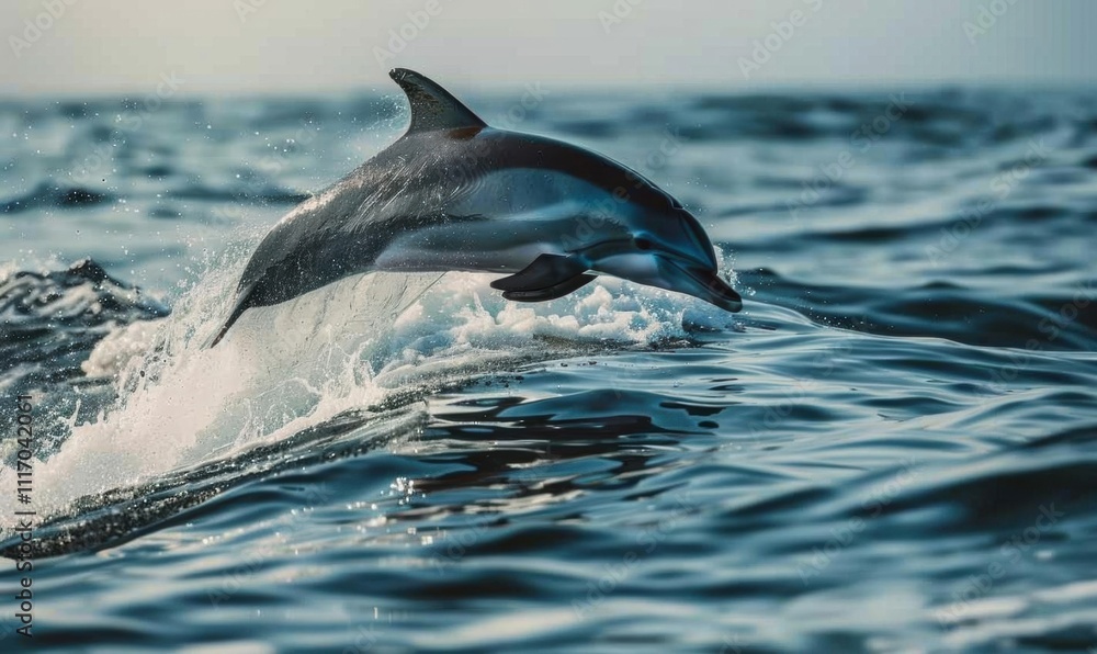 Fototapeta premium A dolphin leaps from the ocean's surface, showcasing its agility.
