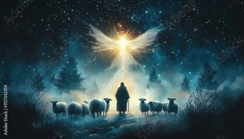 Shepherds and Sheep Under a Starry Sky with Glowing Angel Illuminating the Night Field