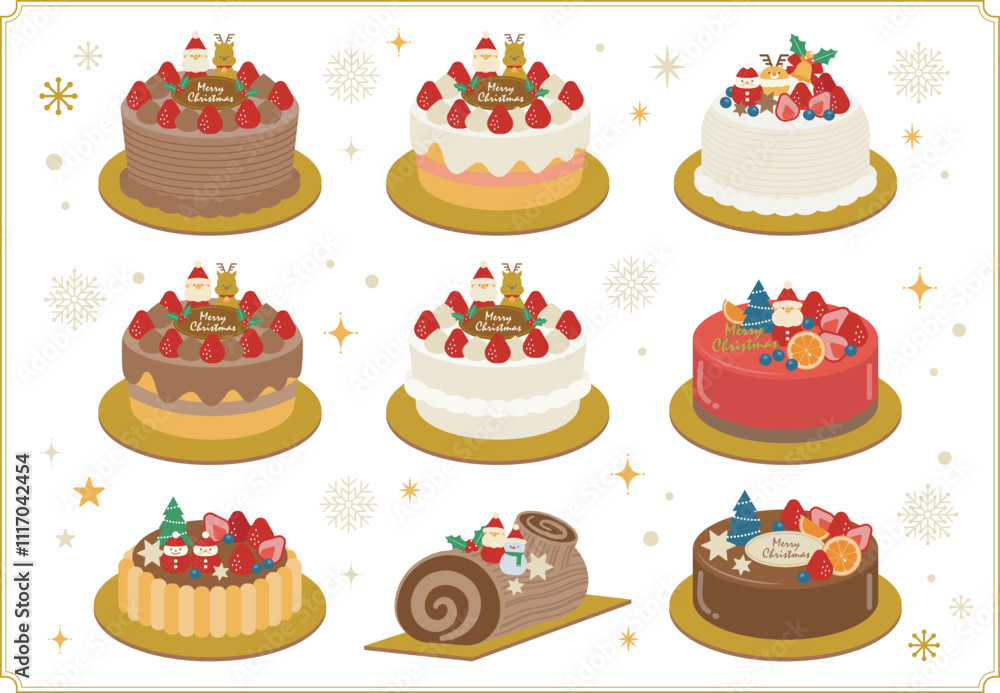 かわいいクリスマスケーキイラストセット_背景なし かわいいクリスマスケーキイラストセット_背景なし