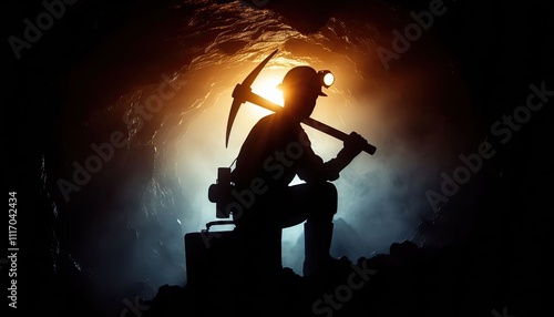 A miner with a helmet and pickaxe underground, silhouette, action photography, aesthetics,
