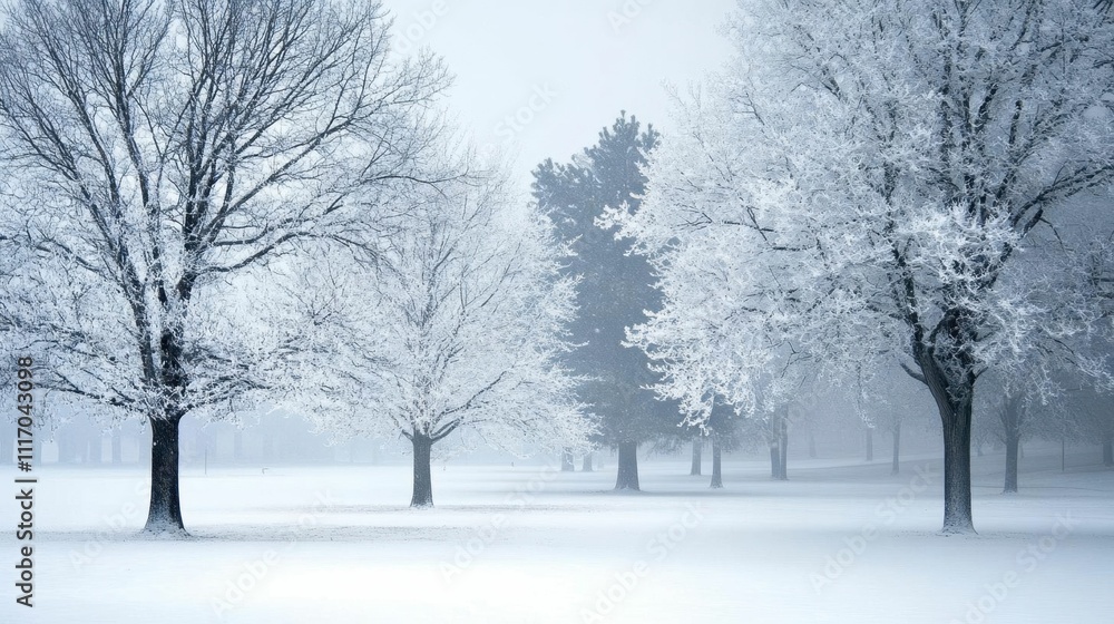 Serene winter landscape with snow-covered trees in a foggy setting. Serene winter landscape with snow-covered trees in a foggy setting.