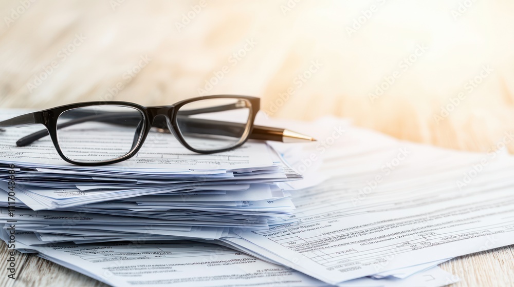 A pair of glasses rests on a messy stack of papers, suggesting work, organization, and the need for clarity in document management. A pair of glasses rests on a messy stack of papers, suggesting work, organization, and the need for clarity in document management.