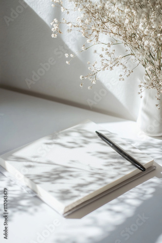 Notebook with Pen and Floral Shadows on White Desk photo