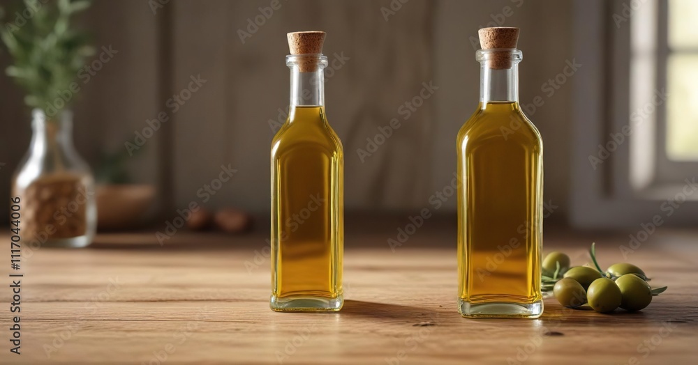 Clear glass bottle filled with golden olive oil on a wooden table , oil, clear bottle, food Clear glass bottle filled with golden olive oil on a wooden table , oil, clear bottle, food