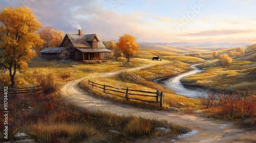 Rustic farmhouse on a winding country road beside a stream, autumn landscape.