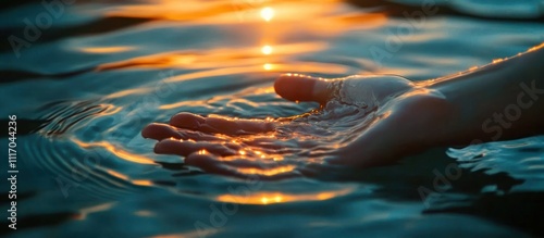 Reaching Hand Over Holy Water at Sunset for Baptism and Salvation
